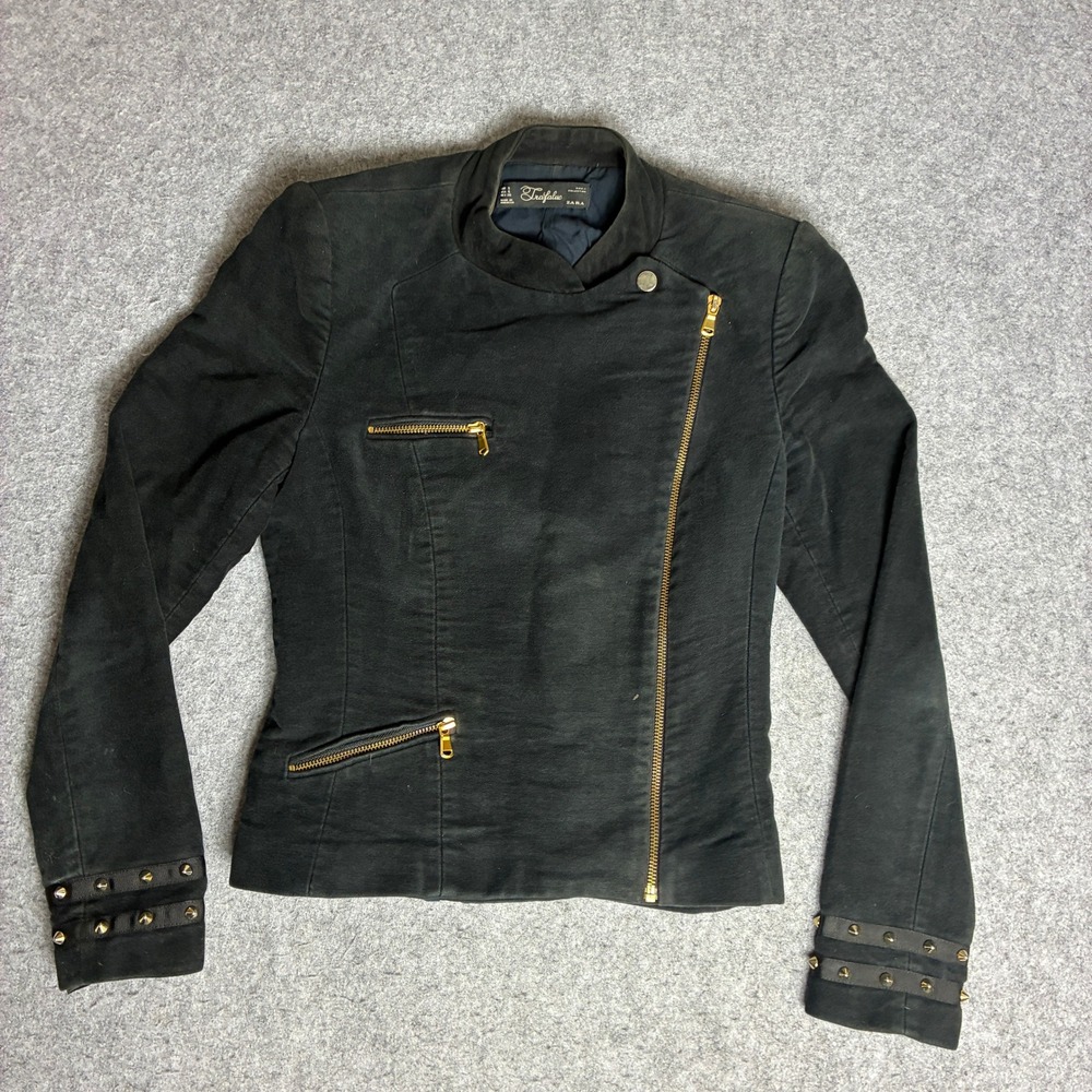 Zara Trafaluc Black Asymmetrical Zip Moto Jacket Gold Studded Cuffs Small